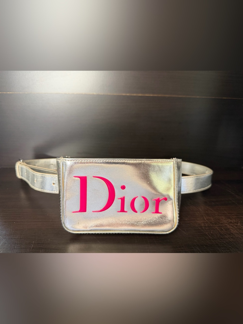 Dior Beauté Silver Metallic Belt Bag Pink Logo Y2K Festival Waist Pouch